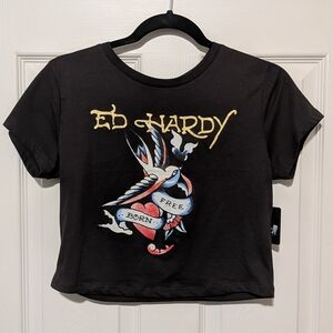 Ed Hardy Crop Top Baby T Born Free Size Large Black Gold Red Blue Women's Shirt